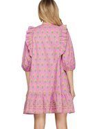 Yellow Flowers 3/4 Sleeve Mini Dress