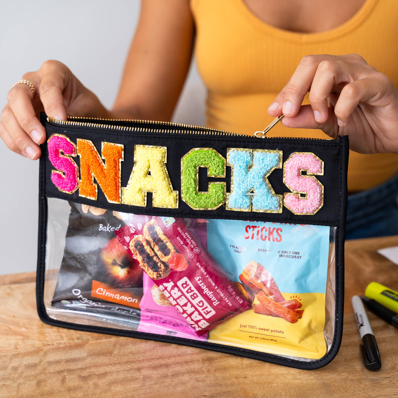 Lrg Clear Chenille Letter Patch Pouch - SNACKS