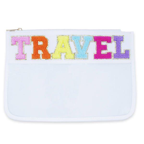 Clear Chenille Letter Patch Pouch - TRAVEL