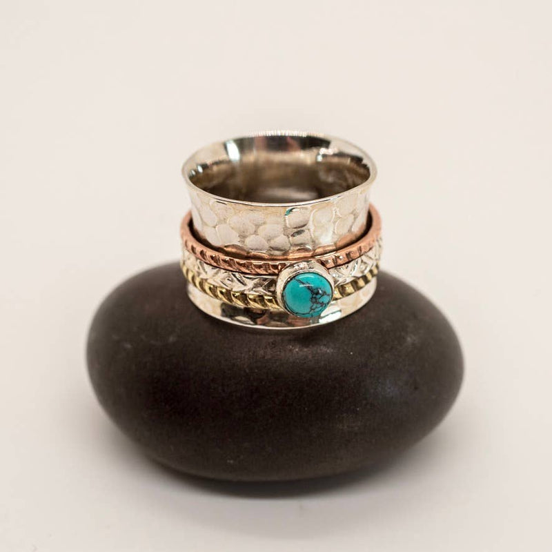 Hammered Spinner Ring with Turq. Stone