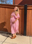 PInk Floral Deep V Midi Dressj