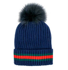 Knit Hat with Stripe Cuff and Fox Fur Pom Pom