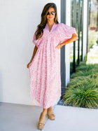 PInk Floral Deep V Midi Dressj