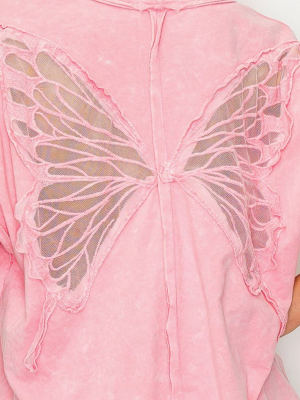 Mineral Wash Butterfly Appliques Top