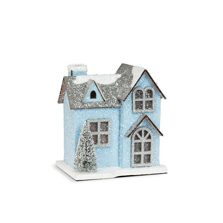 Small Snowy Blue Glitter House w/ LED - 3.5x4.5"W