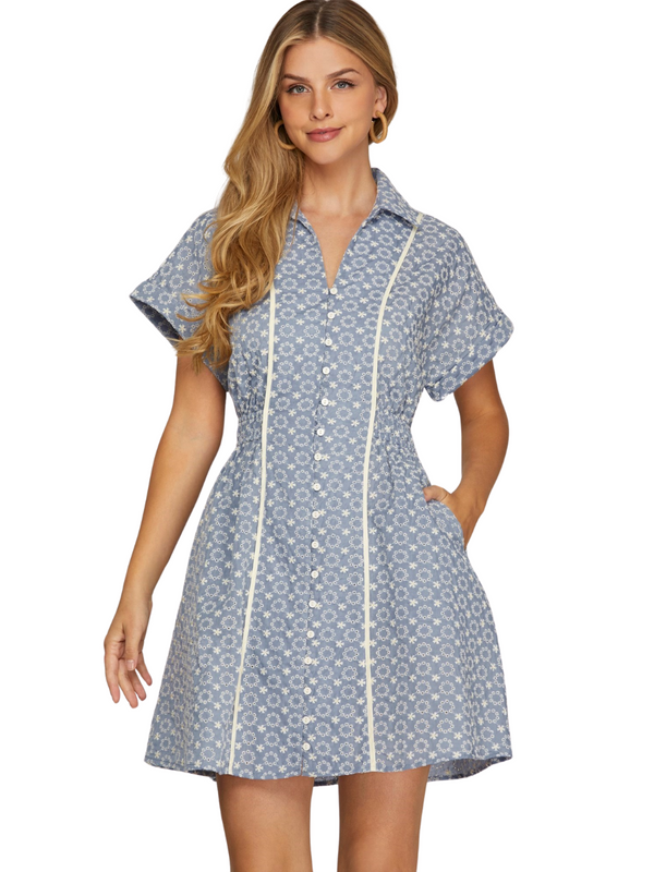 Short Sleeve Embroidered Shirt Dress