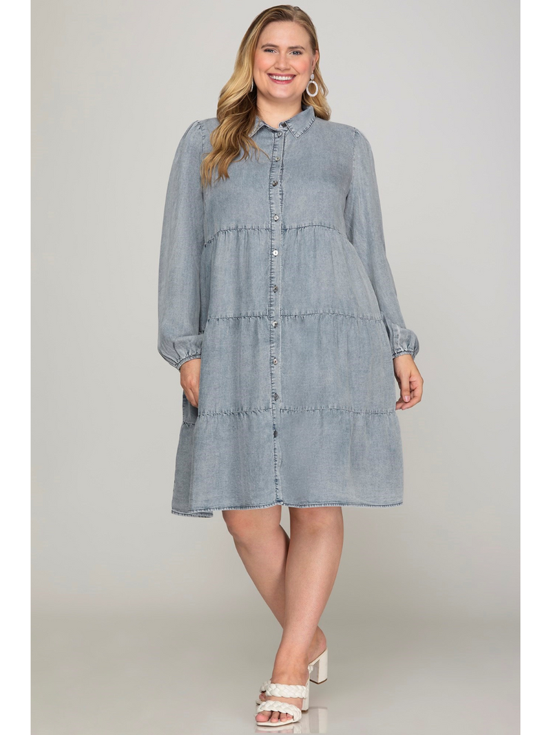 Plus Size Chambray Tiered Dress