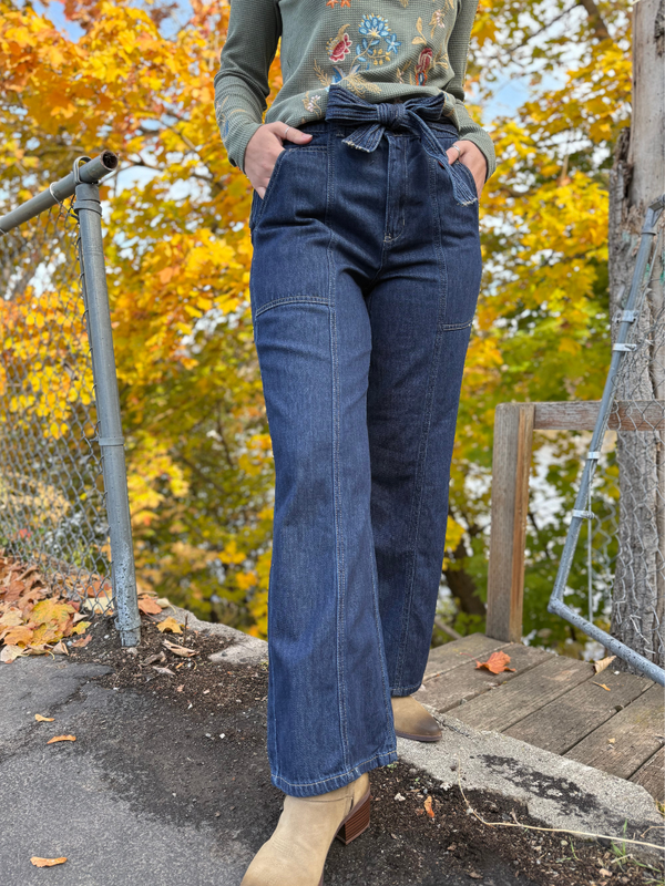 High-Waisted Wide Leg Denim Jeans with Tie Belt