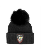 Knit Beanie w/St-Moritz Patch & Fox Fur Pom Pom