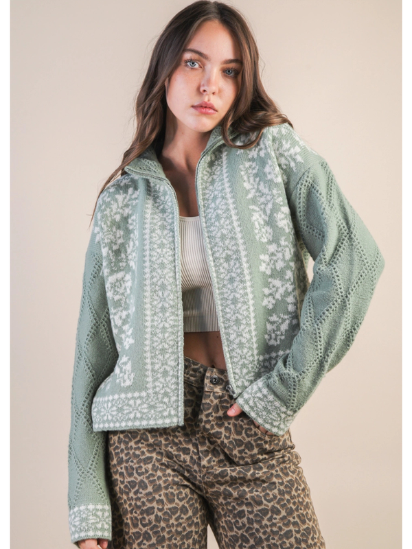 Nordic Charm Zip Cardigan Sage