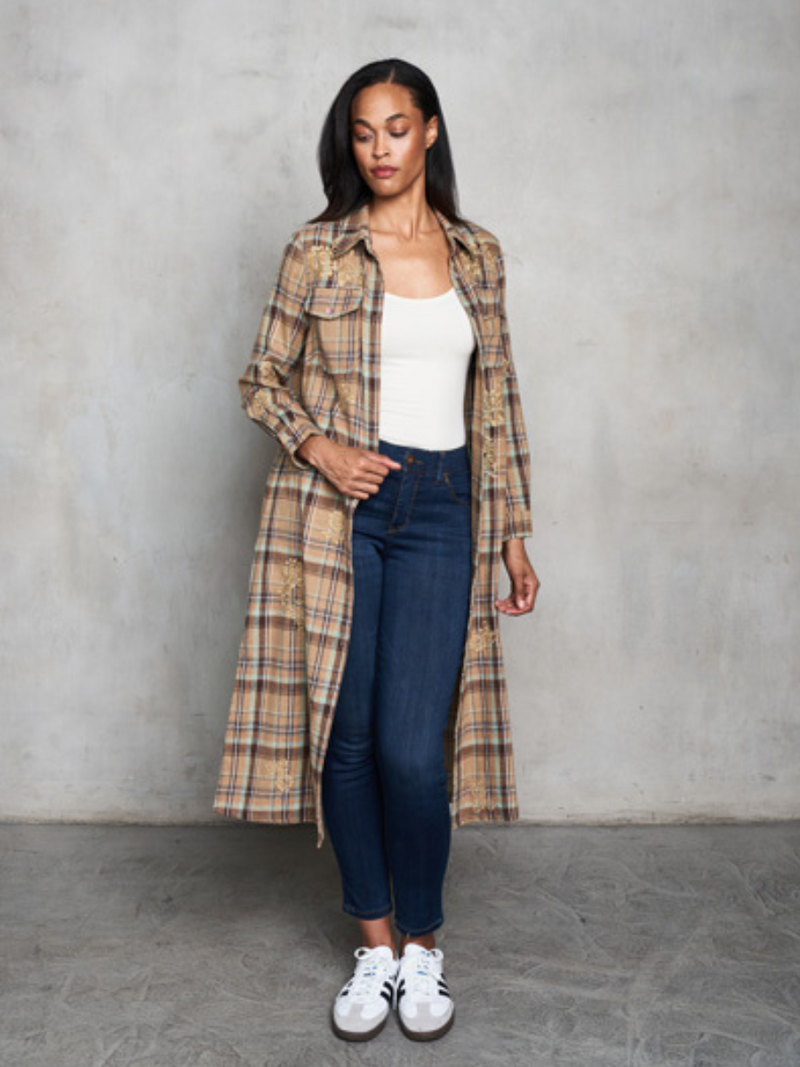 Khaki Plaid Longline Button Down Shirt Dress