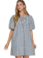 Navy Stripe Smocked Dress with Puff Sleeves