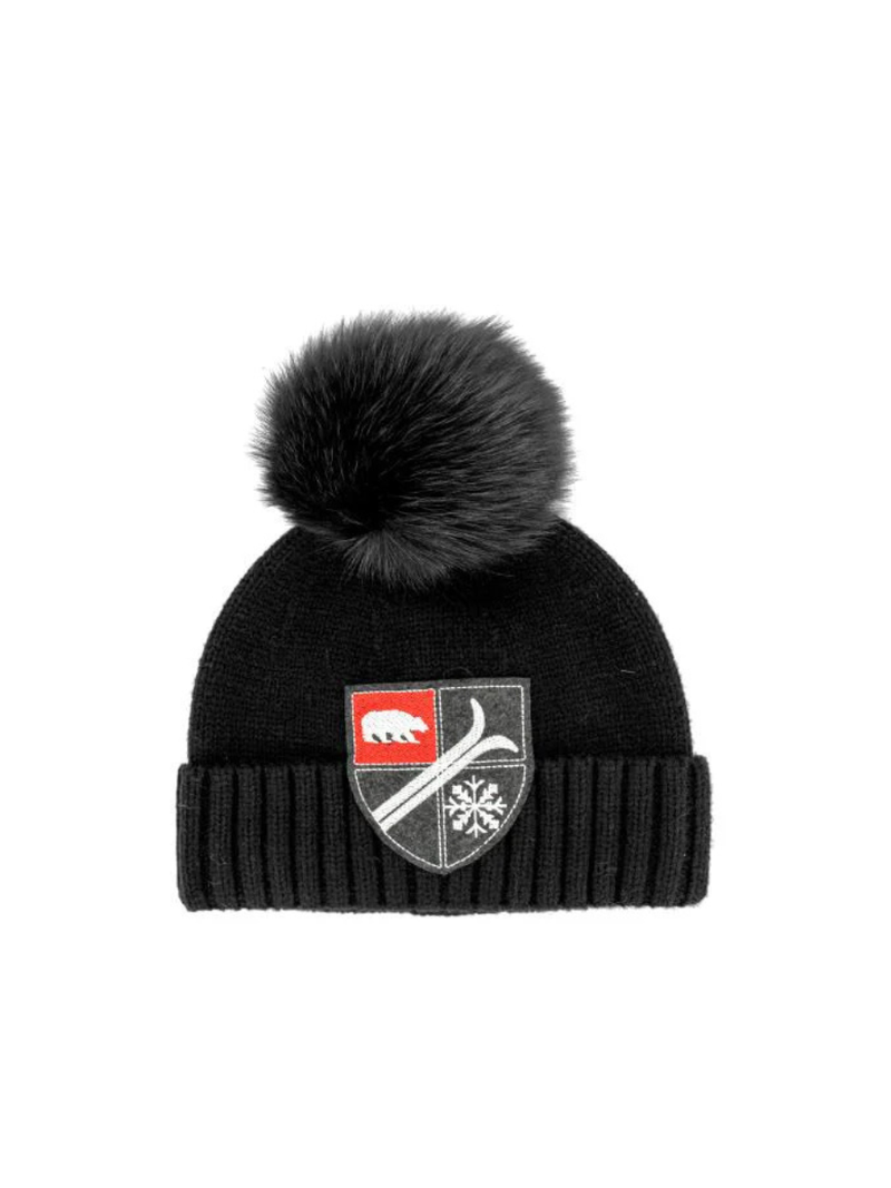 Knit Swiss Ski Patch Hat w/Fox Pom Pom