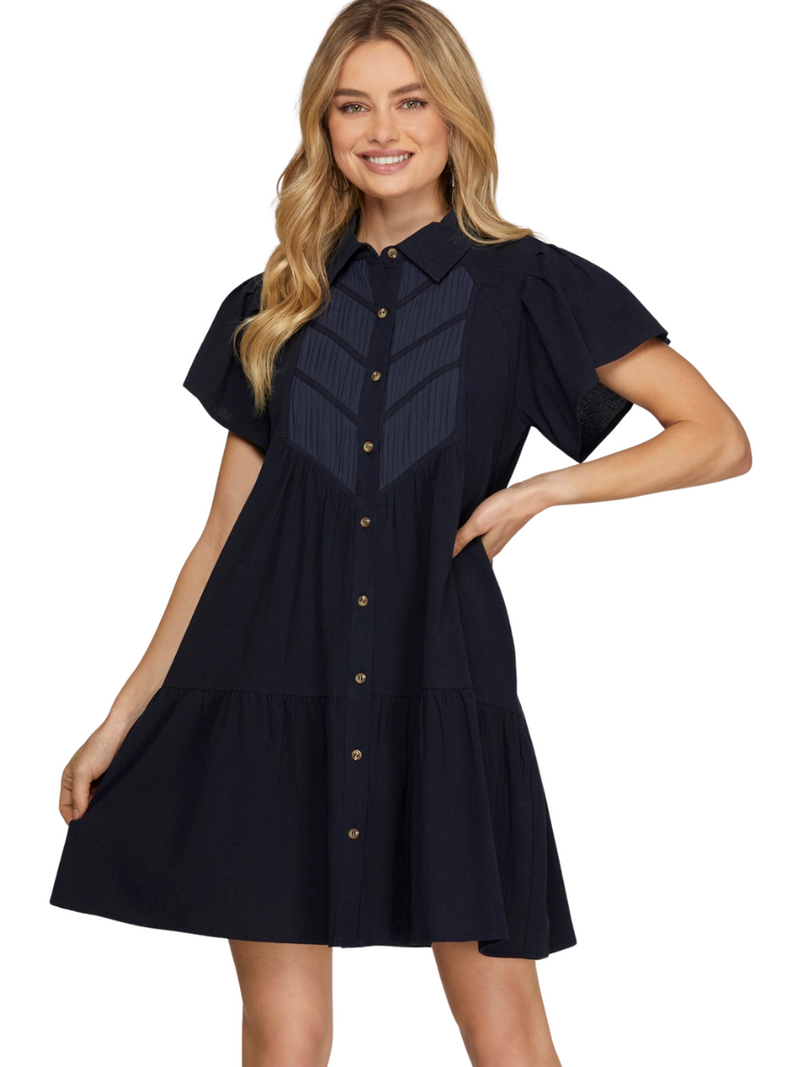 Button Down Flutter Sleeve Mini Dress