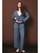Coastal Comfort Blue Striped Knit Wide-Leg Pants