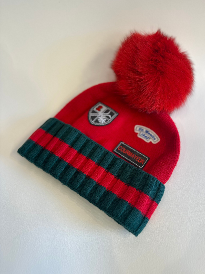 Knit Ski Logos Hat with Fox Fur Pom Pom