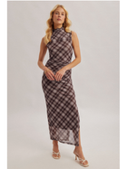 Midnight Plaid Ruched Midi Dress