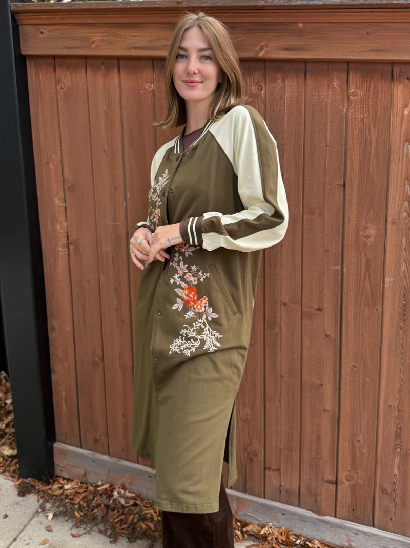 Olive Embroidered Long Varsity Jacket