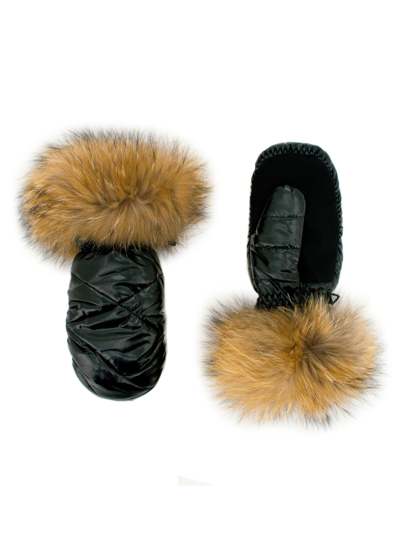 Nylon Mittens with Fur Trim