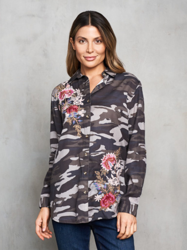Camo Floral Embroidered Button Down Shirt