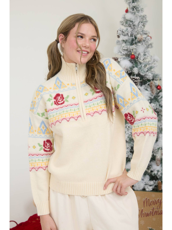Rose Fair Isle Half Zip Pullover