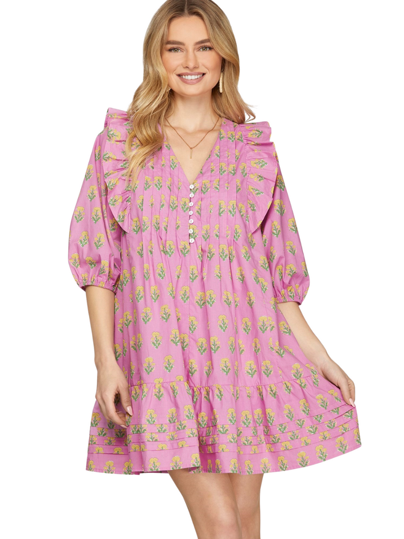 Yellow Flowers 3/4 Sleeve Mini Dress