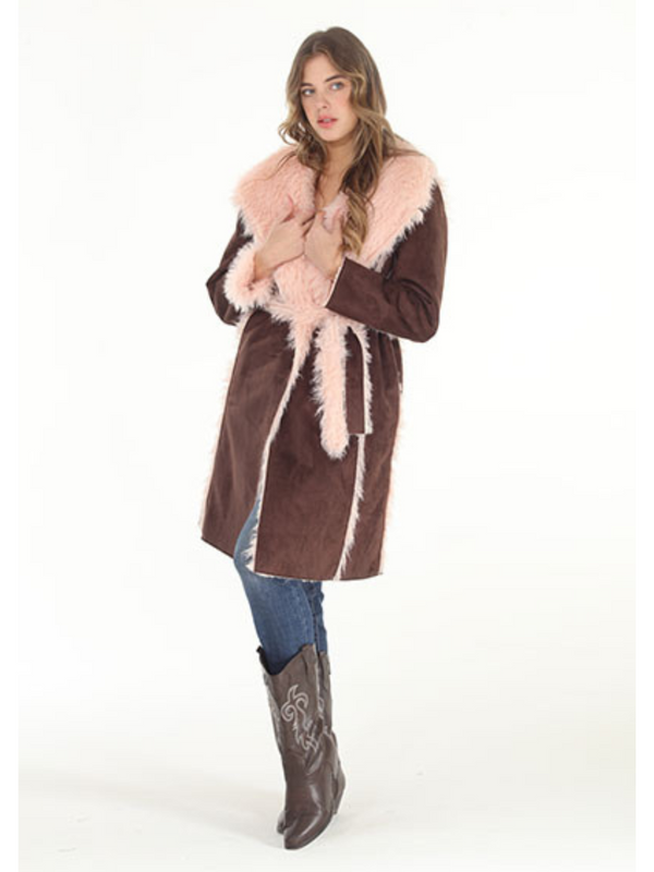 Faux Suede Coat with Pink Faux Fur Trim