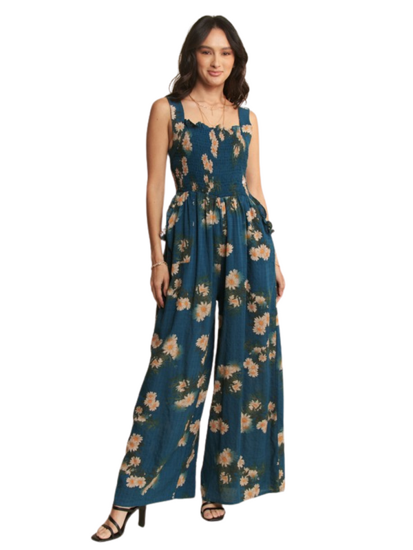 Smocked Bodice Floral Jumpsuit