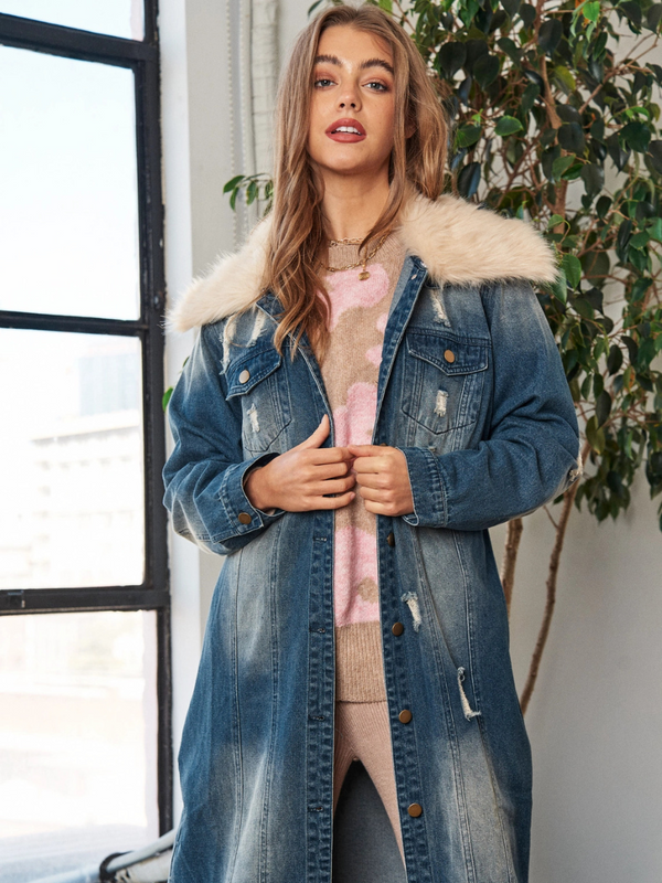 Faux Fur Collar Denim Duster Jacket