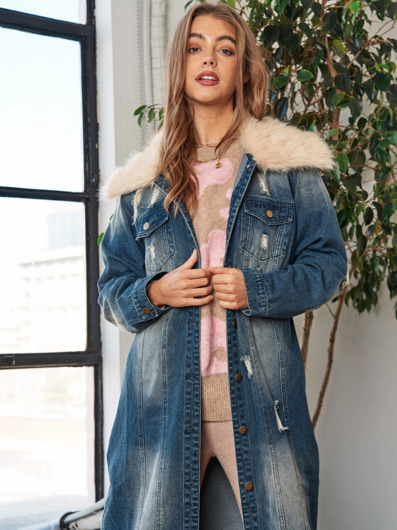 Faux Fur Collar Denim Duster Jacket