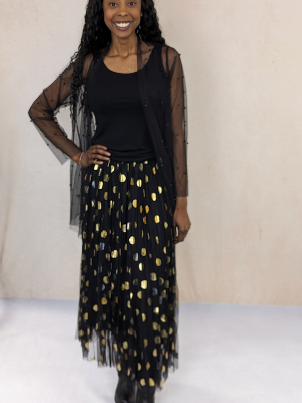 Long Mesh Skirt with Gold Dots