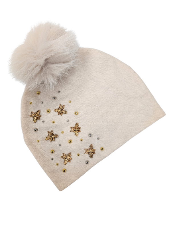 Fox Pom Pom Knit Hat w/Bees & Beads