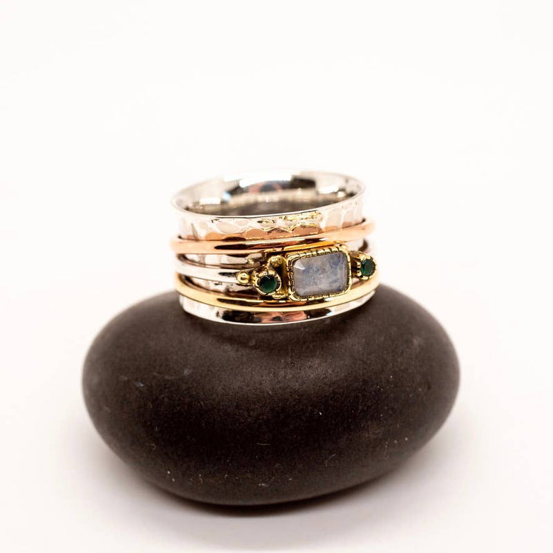SS Moonstone Emerald Spinner Ring