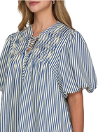 Navy Stripe Smocked Dress with Puff Sleeves