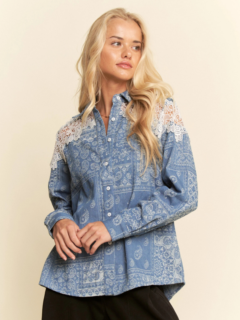 Lace & Paisley Denim Button Up