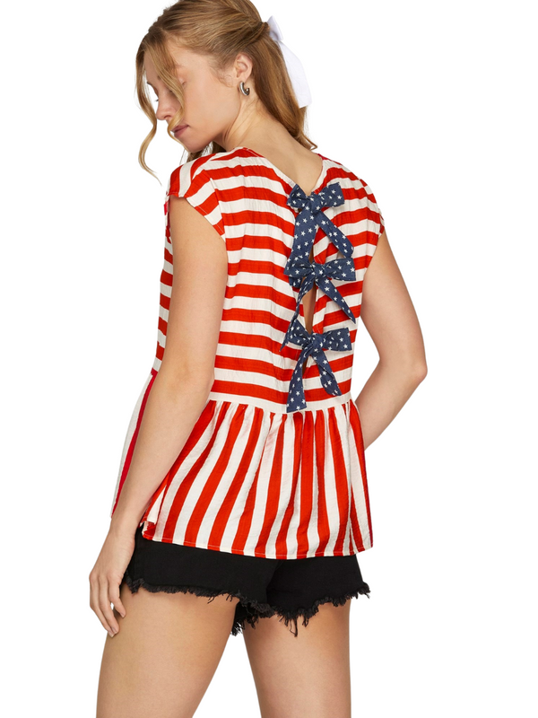 Stripe Top with Contrast Back Bow Detail