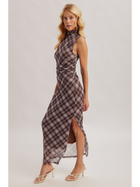 Midnight Plaid Ruched Midi Dress