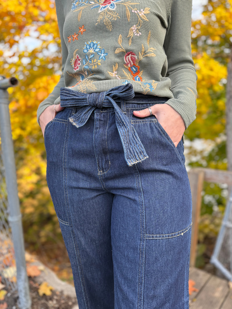 High-Waisted Wide Leg Denim Jeans with Tie Belt