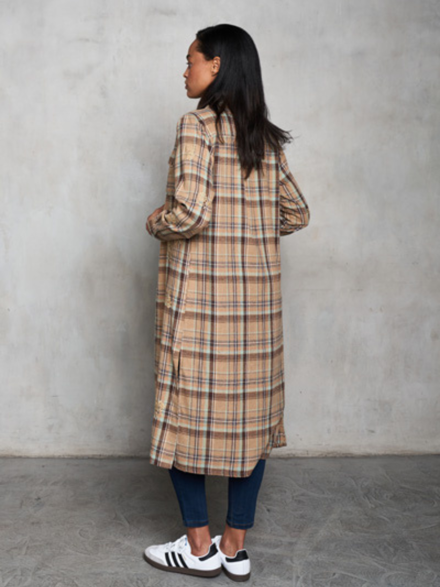 Khaki Plaid Longline Button Down Shirt Dress L
