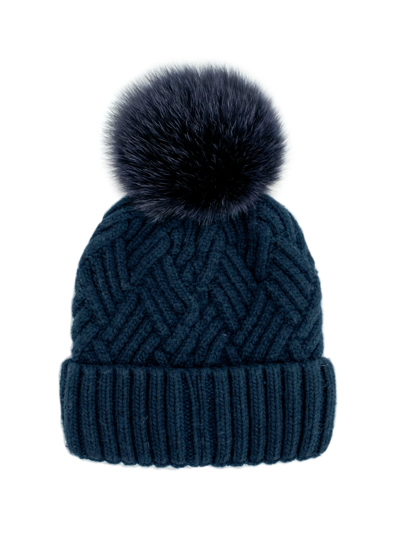 Knit Hat with Fox Fur Pompom