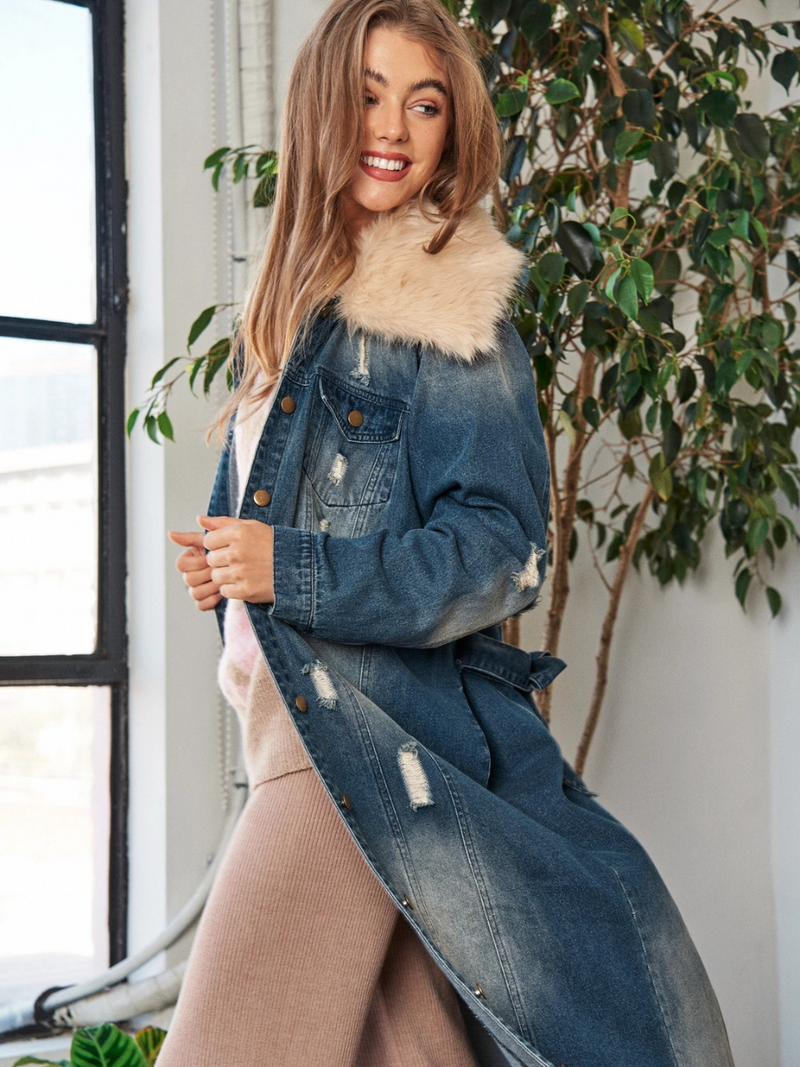 Faux Fur Collar Denim Duster Jacket