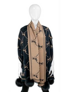 Horse & Lattice Print Scarf w/Fox Fur Pom Poms