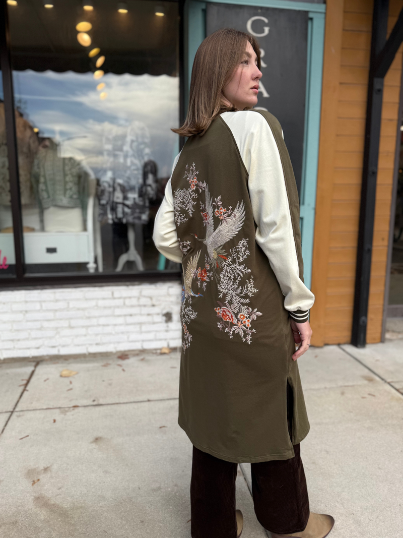 Olive Embroidered Long Varsity Jacket