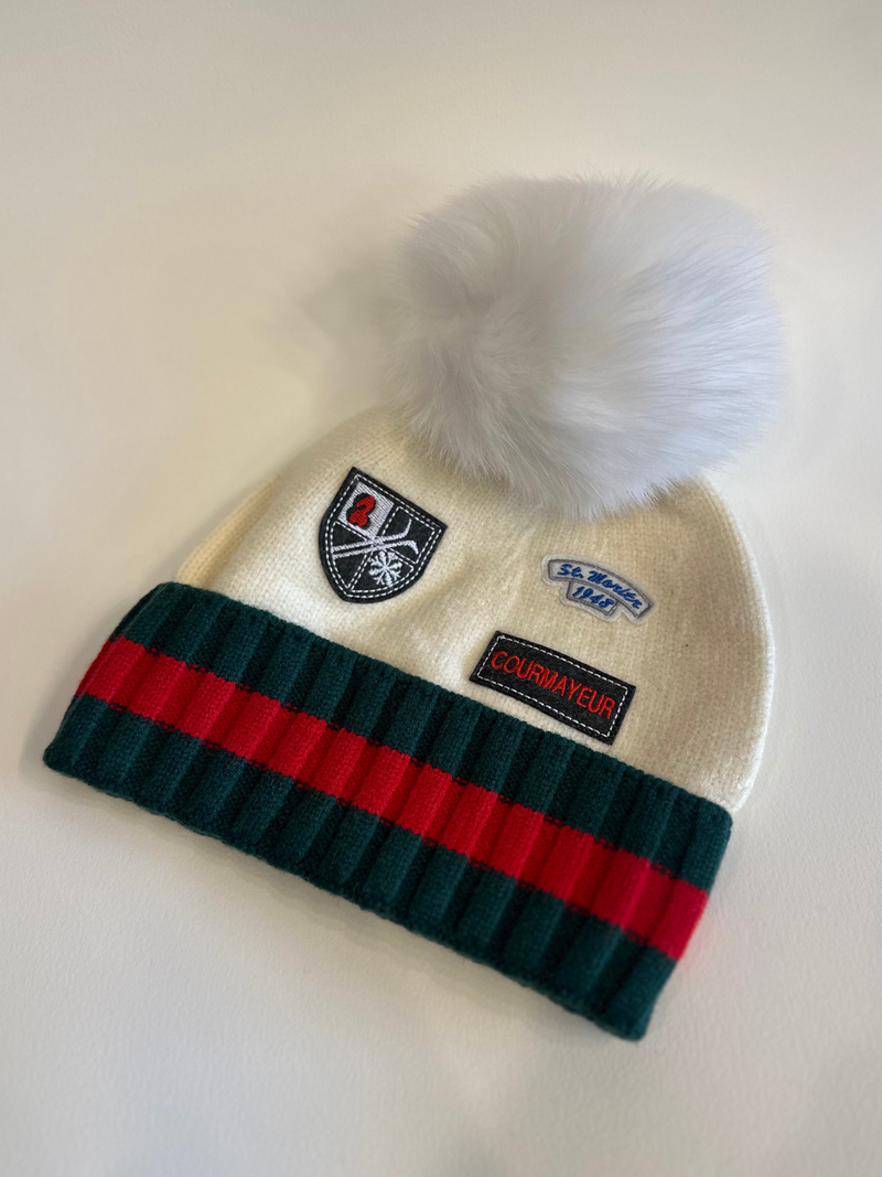 Knit Ski Logos Hat with Fox Fur Pom Pom