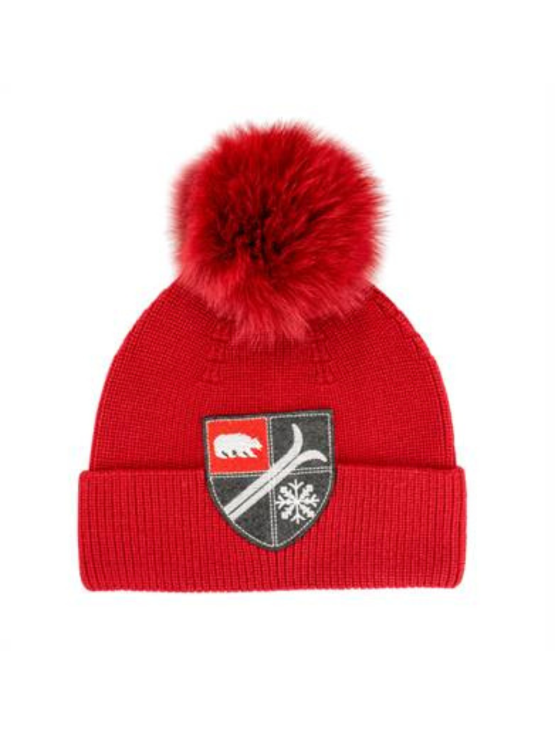 Knit Swiss Ski Patch Hat w/Fox Pom Pom