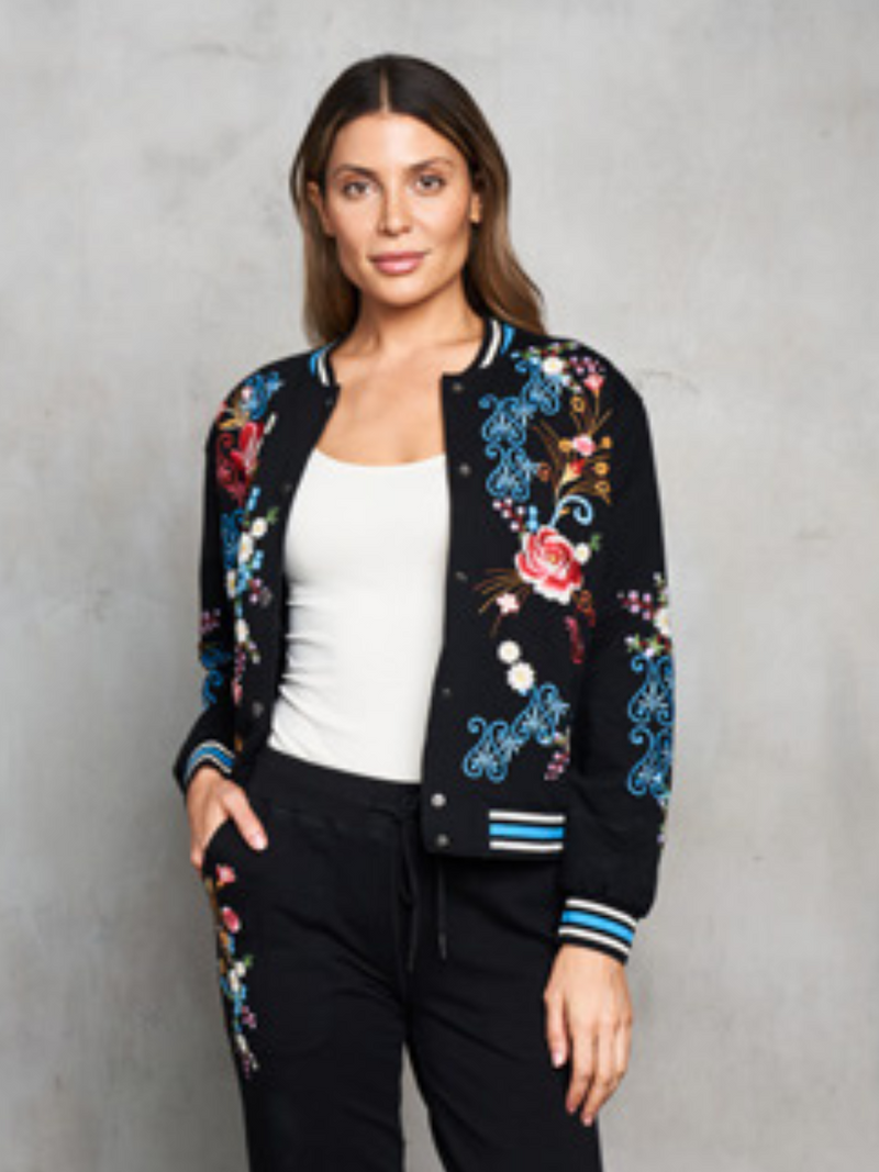Midnight Bloom Embroidered Bomber Jacket