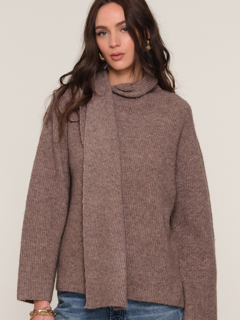 Darcey Sweater with Built-In Scarf – Mocha Brown