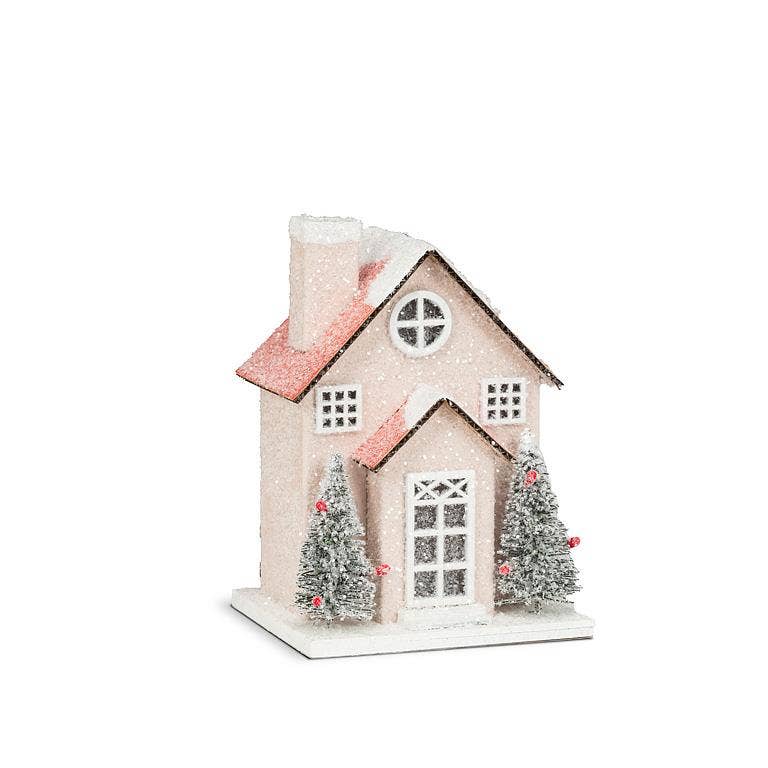 Small Snowy Pink Glitter House w/ LED - 3x4.5"W