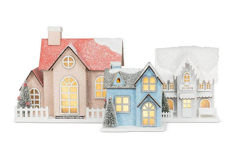 Small Snowy Blue Glitter House w/ LED - 3.5x4.5"W