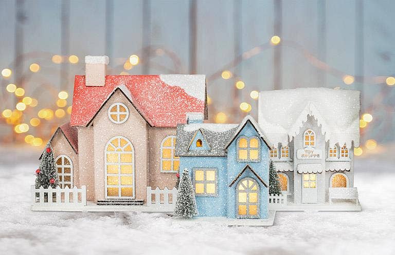 Small Snowy Blue Glitter House w/ LED - 3.5x4.5"W